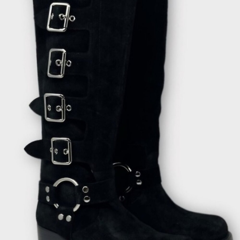 JEFFREY CAMPBELL Trouble Buckle Boot In Black Suede Silver Size 8.5